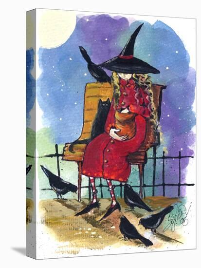 Witch feeding Crows Halloween-sylvia pimental-Stretched Canvas