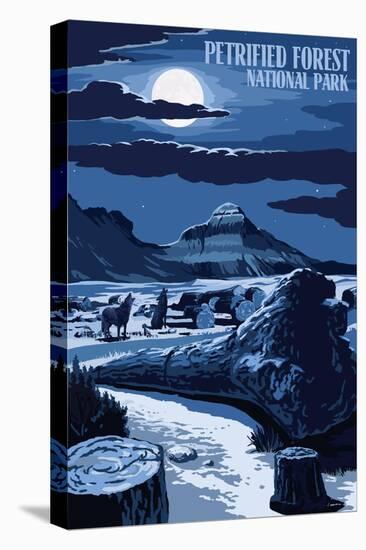 Wolves and Full Moon - Petrified Forest National Park-Lantern Press-Stretched Canvas