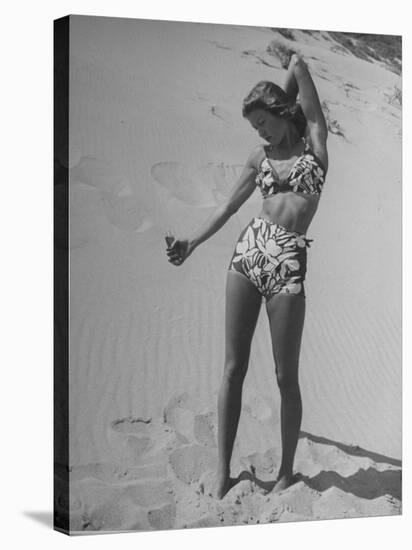 Woman Applying Suntan Lotion at the Beach-Peter Stackpole-Premier Image Canvas
