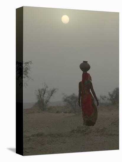 Woman Carrying Water Jar in Sand Storm, Thar Desert, Rajasthan, India-Keren Su-Premier Image Canvas