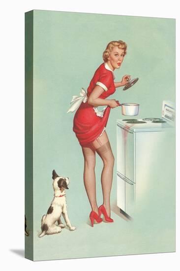 Woman Cooking in Short Skirt-null-Stretched Canvas