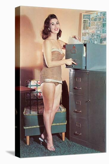 Woman in Bathing Suit with File Cabinet, Retro-null-Stretched Canvas