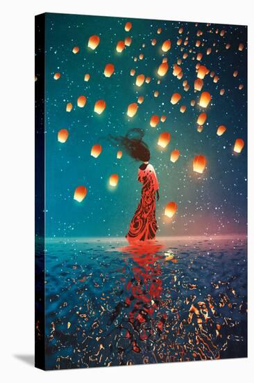 Woman in Dress Standing on Water against Lanterns Floating in a Night Sky,Illustration Painting-Tithi Luadthong-Stretched Canvas
