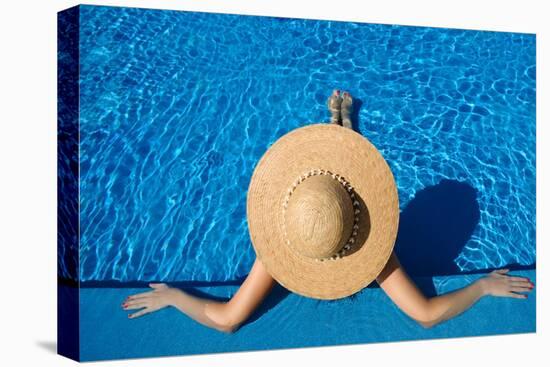 Woman in Hat Relaxing at the Pool-haveseen-Stretched Canvas