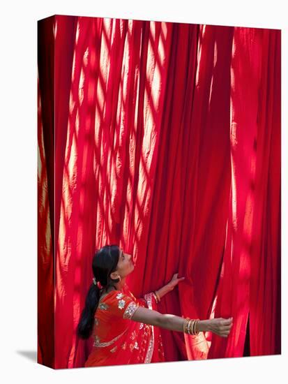 Woman in Sari Checking the Quality of Freshly Dyed Fabric Hanging to Dry, Sari Garment Factory, Raj-Gavin Hellier-Premier Image Canvas