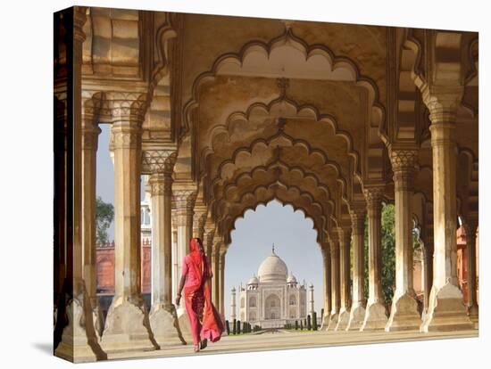 Woman in traditional Sari walking towards Taj Mahal-Pangea Images-Stretched Canvas