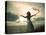 Woman in Turquoise Dress with Fabric at Sea-brickrena-Premier Image Canvas