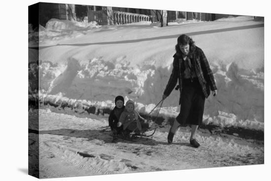 Woman Pulling Two Children on Sled in Winter, Vermont, 1940-Marion Post Wolcott-Premier Image Canvas