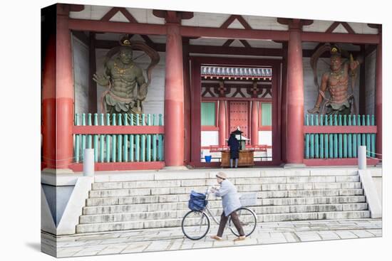 Woman Pushing Bicycle Past Shitenno-Ji Temple, Tennoji, Osaka, Kansai, Japan-Ian Trower-Premier Image Canvas