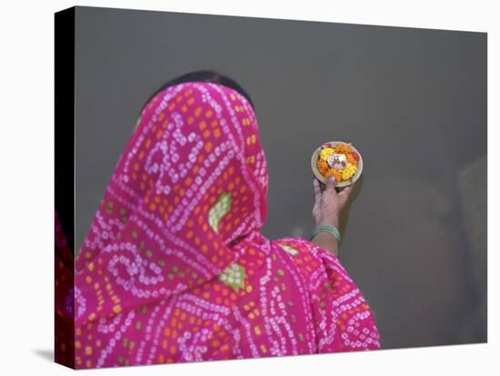 Woman Putting Flower Lamp onto the Ganges River, Varanasi, India-Keren Su-Premier Image Canvas