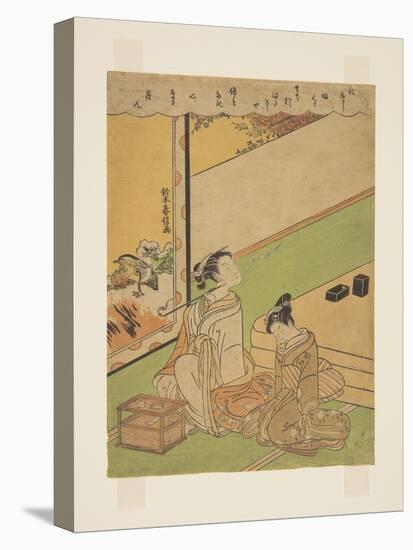 Woman Smoking Pipe (Colour Woodblock Print)-Suzuki Harunobu-Premier Image Canvas