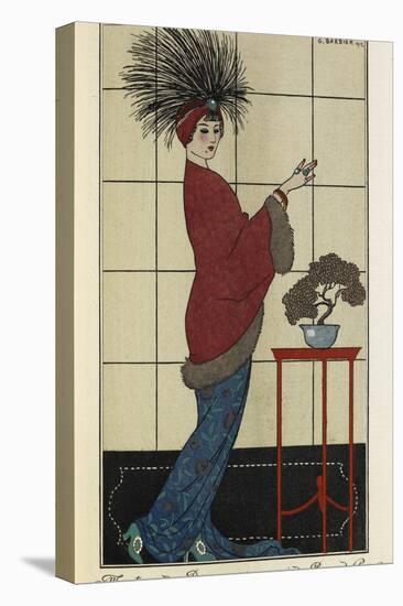 Woman wearing a damascus pink coat lined with fur over a blue patterned dress-Georges Barbier-Premier Image Canvas