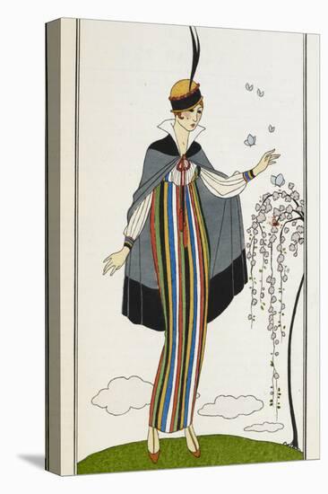 Woman wearing a small velvet cloak, with a striped linen dress-Georges Barbier-Premier Image Canvas