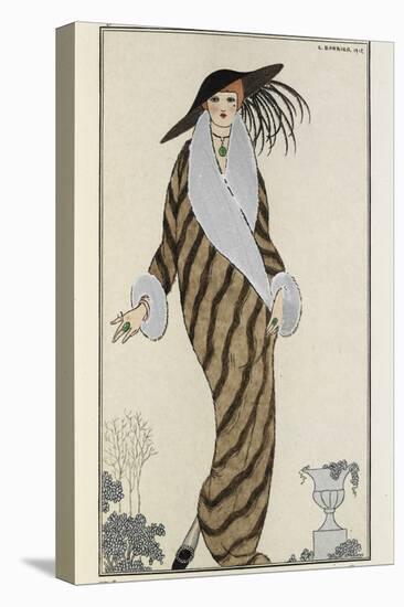 Woman wearing a stripy liberline coat with the collar and cuffs of a white fox-Georges Barbier-Premier Image Canvas