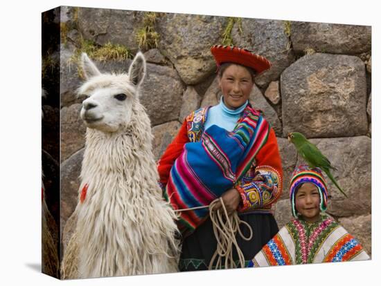 Woman with Llama, Boy, and Parrot, Sacsayhuaman Inca Ruins, Cusco, Peru-Dennis Kirkland-Premier Image Canvas