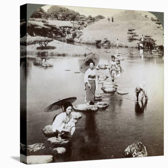 Women Crossing the Lake on Stepping Stones, Suizen-Ji Garden, Kumamoto, Japan, 1904-Underwood & Underwood-Premier Image Canvas