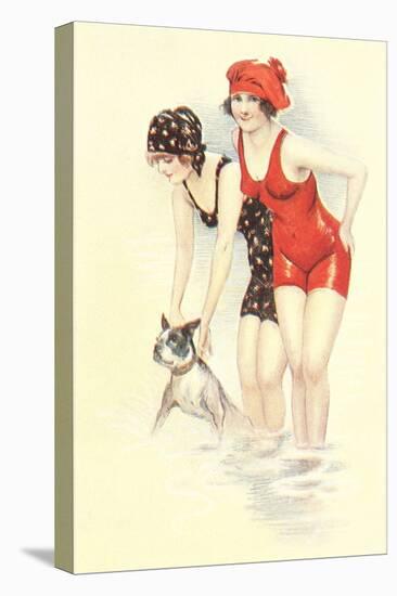 Women in Bathing Costumes with Terrier-null-Stretched Canvas