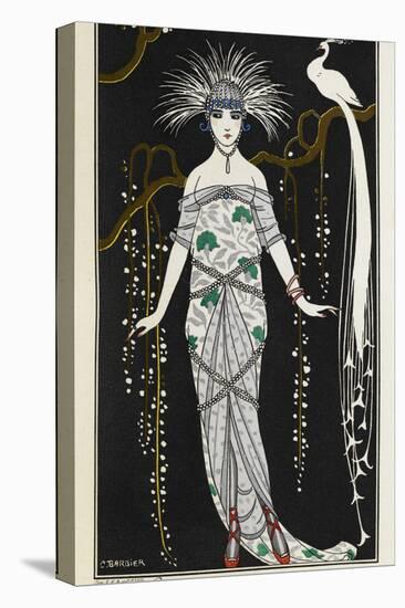 Women in evening dress with silver brocade, red slippers and a blue wig with silver headress-Georges Barbier-Premier Image Canvas