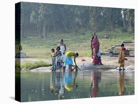 Women Washing Clothes on the Ghats of the River Mahanadi, Reflected in the Water, Orissa, Inda-Annie Owen-Premier Image Canvas