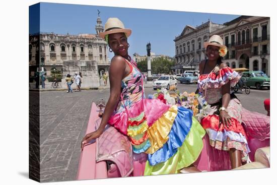 Women with Flowers at Capital in Pink Ford, Havana, Cuba-Bill Bachmann-Premier Image Canvas