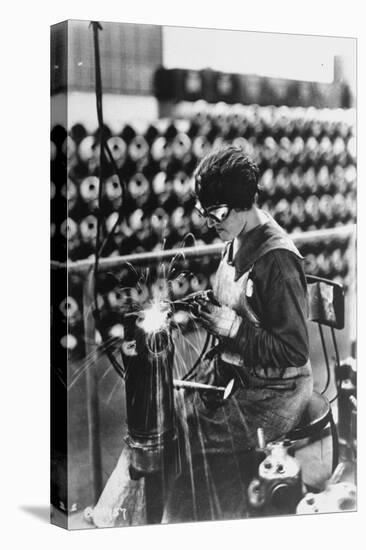 Women Worker in Safety Goggles Doing Acetylene Welding on Cylinder Water Jacket in Factory-null-Premier Image Canvas