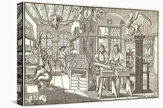 Woodcut of Old Print Shop-null-Stretched Canvas