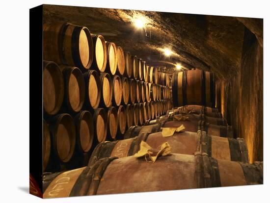 Wooden Barrels with Aging Wine in Cellar, Domaine E Guigal, Ampuis, Cote Rotie, Rhone, France-Per Karlsson-Premier Image Canvas