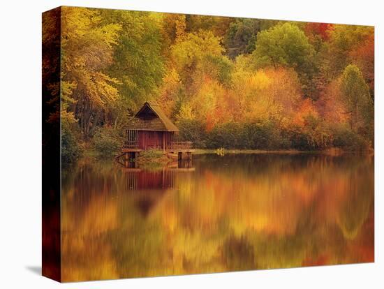 Wooden Cabin on Lake in Autumn-Robert Llewellyn-Premier Image Canvas