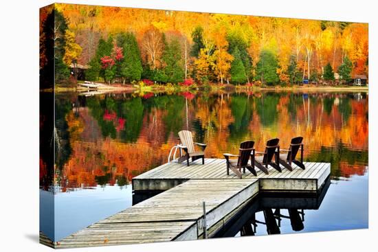 Wooden Dock with Chairs on Calm Fall Lake-elenathewise-Premier Image Canvas