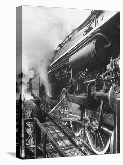 Worker Cleaning Train Engine in Yard at Union Station-Alfred Eisenstaedt-Premier Image Canvas