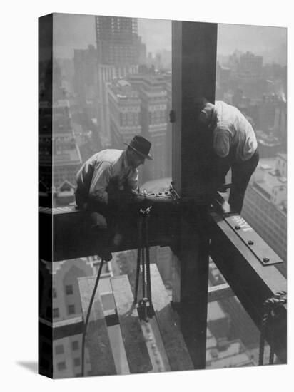 Workmen Attaching Steel Beams High Above Street During Construction of Manhattan Company Building-Arthur Gerlach-Premier Image Canvas