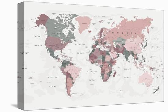 World Map Pink Green 2-Urban Epiphany-Stretched Canvas