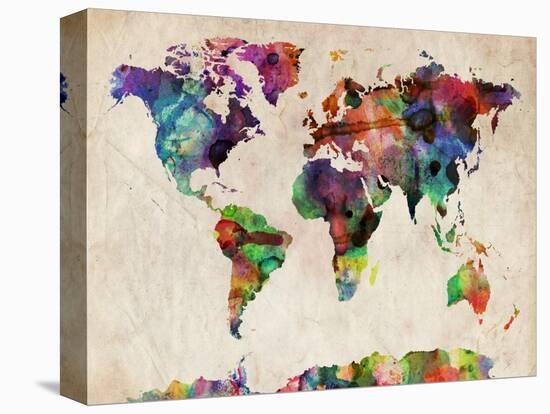 World Map Urban Watercolour-Michael Tompsett-Stretched Canvas
