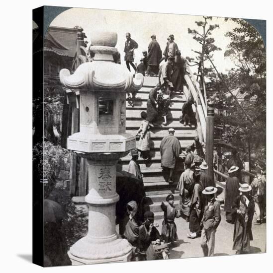 Worshippers Crossing the Semi-Circular Bridge to Kameido Temple Beyond, Looking North, Tokyo, Japan-Underwood & Underwood-Premier Image Canvas