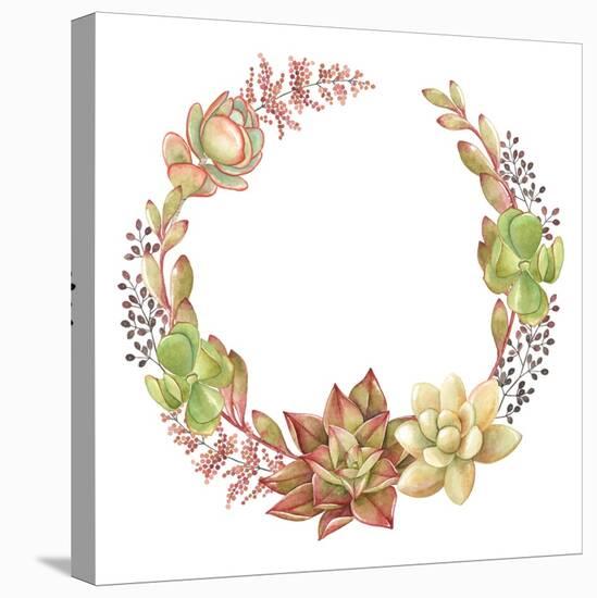 Wreath of Succulents and Kalanchoe, Vector Watercolor Illustration.-Nikiparonak-Stretched Canvas