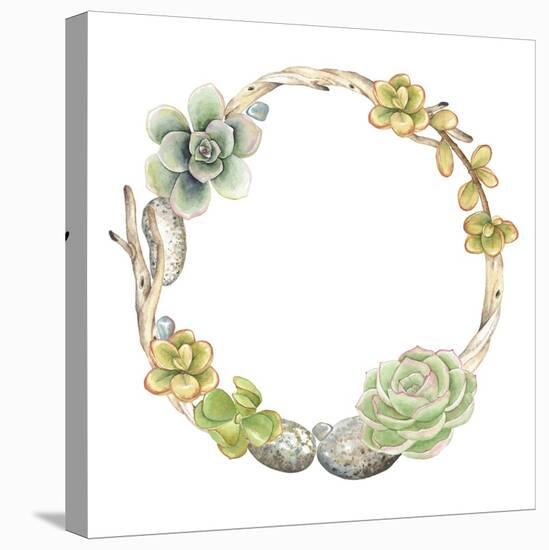 Wreath of Succulents, Twigs and Stones, Vector Watercolor Illustration in Vintage Style.-Nikiparonak-Stretched Canvas