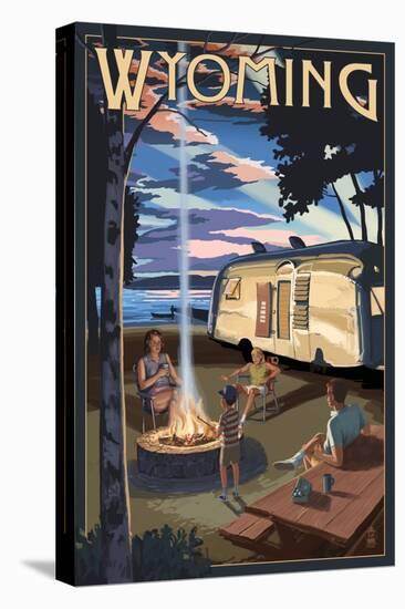 Wyoming - Retro Camper and Lake-Lantern Press-Stretched Canvas