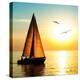 Yacht Sailing against Sunset. Holiday Lifestyle Landscape with Skyline Sailboat and Two Seagull. Ya-Repina Valeriya-Stretched Canvas