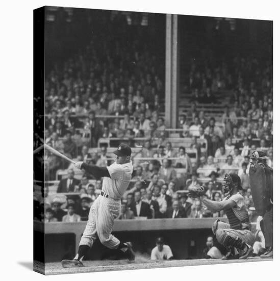 Yankee Mickey Mantle in Action, Swinging Bat with Catcher and Umpire Behind Him-Grey Villet-Premier Image Canvas