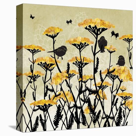 Yarrow Flowers with Silhouette Birds and Butterflies-Bee Sturgis-Stretched Canvas