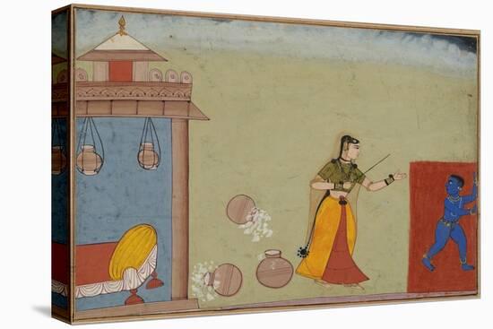 Yashoda Chastises Her Foster Son, Krishna, page from a manuscript of the Bhagavata Purana, c.1600-Indian School-Premier Image Canvas