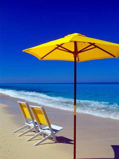 Yellow Chairs and Umbrella on Pristine Beach, Caribbean-Greg Johnston-Stretched Canvas