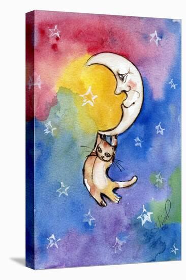 Yellow Tabby  Cat Hanging from Moon-sylvia pimental-Stretched Canvas