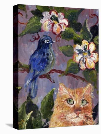 Yellow Tabby Cat watching Bluebird-sylvia pimental-Stretched Canvas