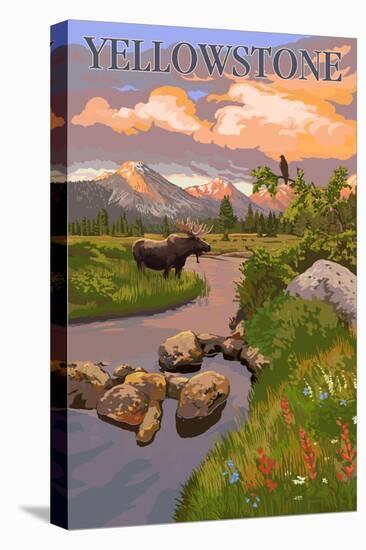 Yellowstone National Park - Moose and Meadow Scene-Lantern Press-Stretched Canvas