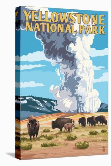 Yellowstone National Park - Old Faithful Geyser and Bison Herd-Lantern Press-Stretched Canvas