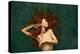 Young Attractive Redhead Girl with Long Curly Hair Wearing Nude Color Lingerie Isolated over Dark G-master1305-Premier Image Canvas