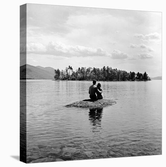 Young Couple Embracing on Small Rock Protruding from the Waters of Lake George-Nina Leen-Premier Image Canvas