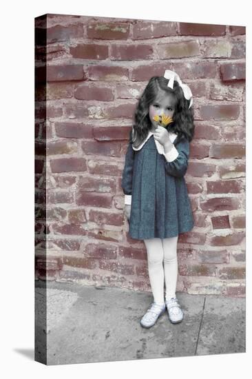 Young Girl Standing in Front of a Stone Wall Smelling a Flower.-Nora Hernandez-Premier Image Canvas