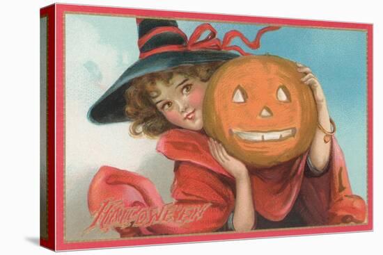 Young Girl Witch with Jack O'Lantern-null-Stretched Canvas
